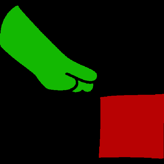 A green arm pointing to a red square.